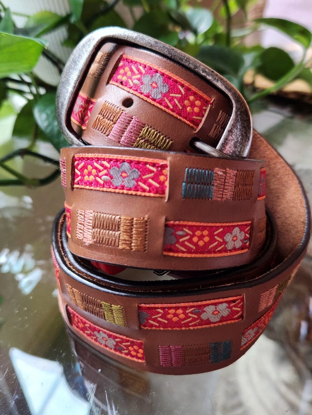 J Jill Embroidered Leather Belt Womens Medium M Floral Artisanal Boho Brass